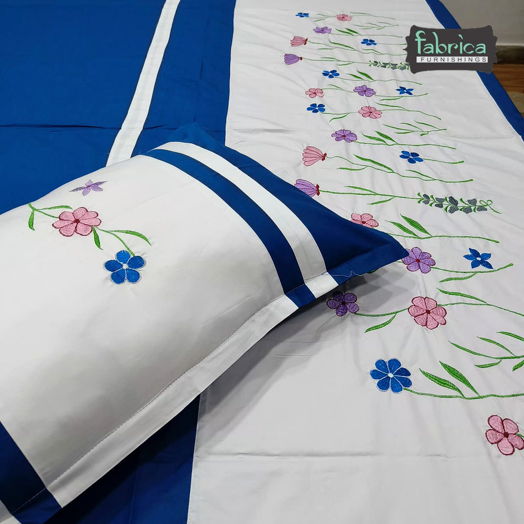 Shahi Karigari Pure Cotton Designer King-Size Royal Blue Floral Embroidered Bedsheet