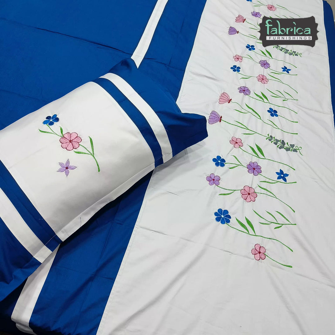 Shahi Karigari Pure Cotton Designer King-Size Royal Blue Floral Embroidered Bedsheet