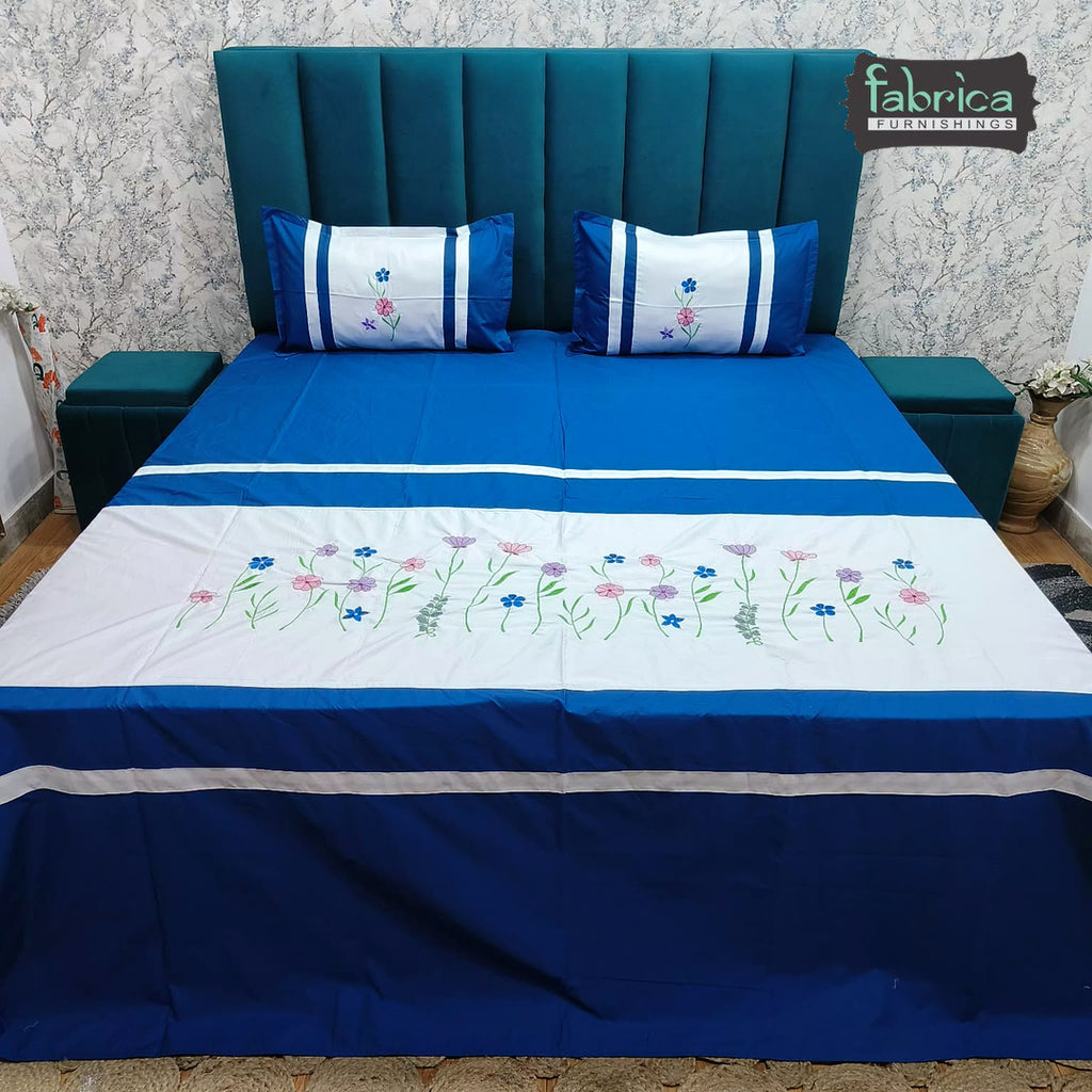 Shahi Karigari Pure Cotton Designer King-Size Royal Blue Floral Embroidered Bedsheet