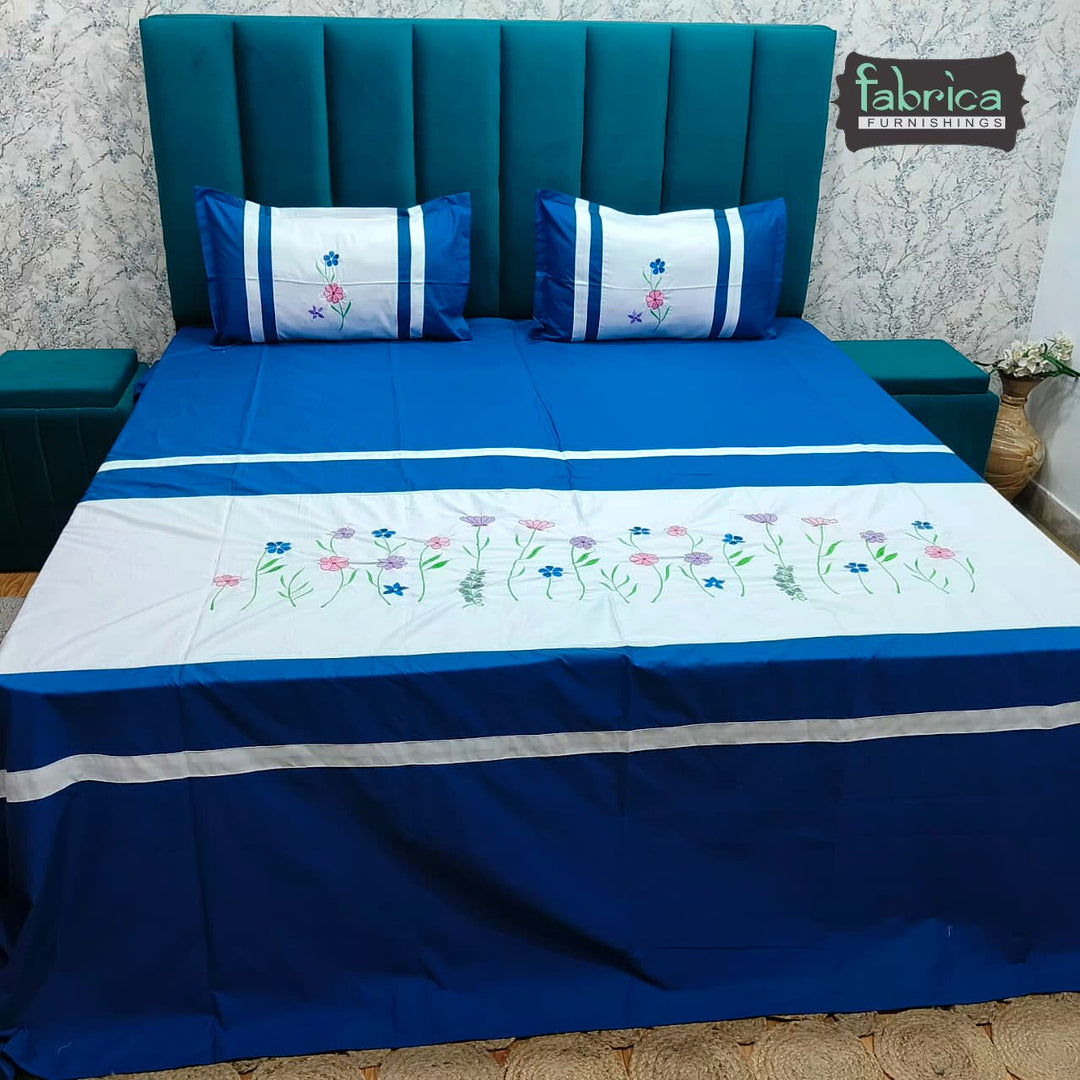 Shahi Karigari Pure Cotton Designer King-Size Royal Blue Floral Embroidered Bedsheet