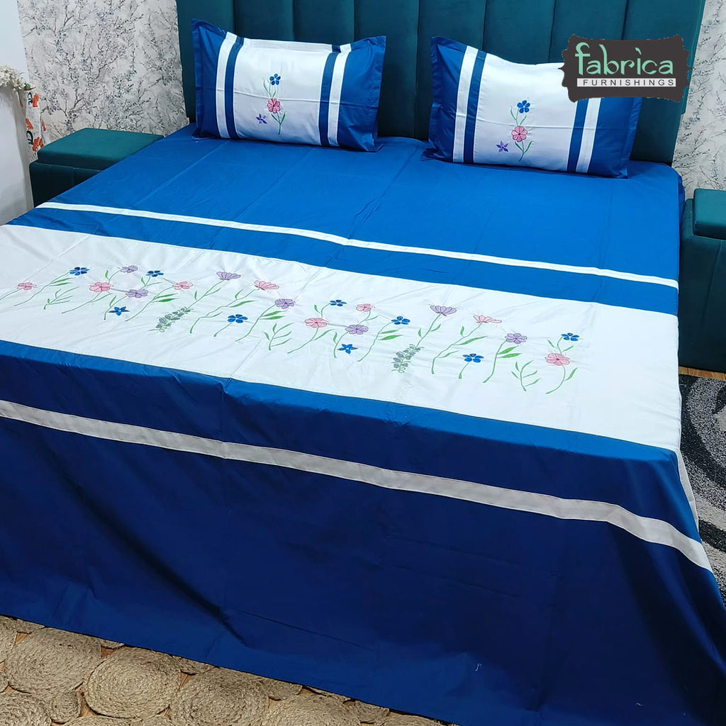 Shahi Karigari Pure Cotton Designer King-Size Royal Blue Floral Embroidered Bedsheet