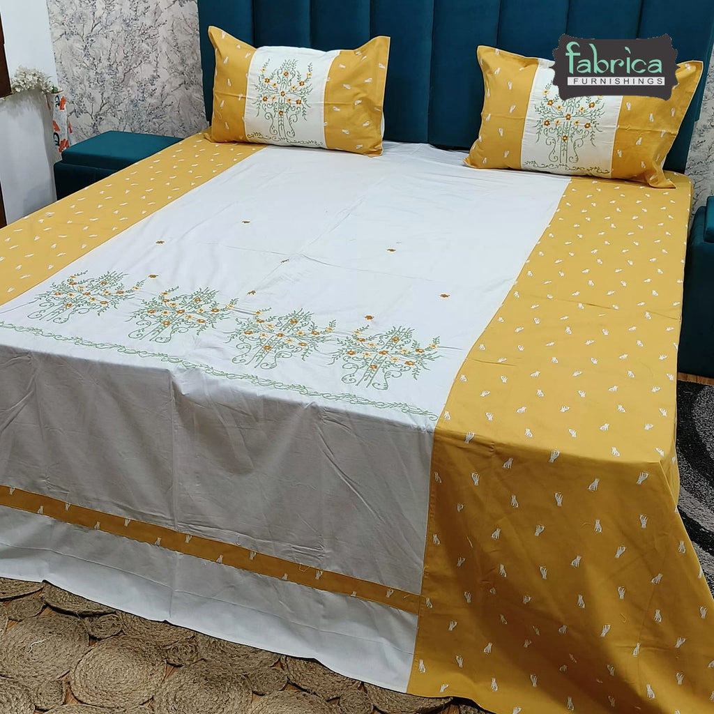 Shahi Karigari Pure Cotton Designer King-Size Mustard Yellow Floral Embroidered Bedsheet