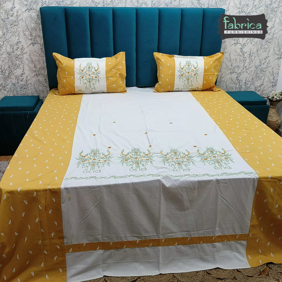 Shahi Karigari Pure Cotton Designer King-Size Mustard Yellow Floral Embroidered Bedsheet