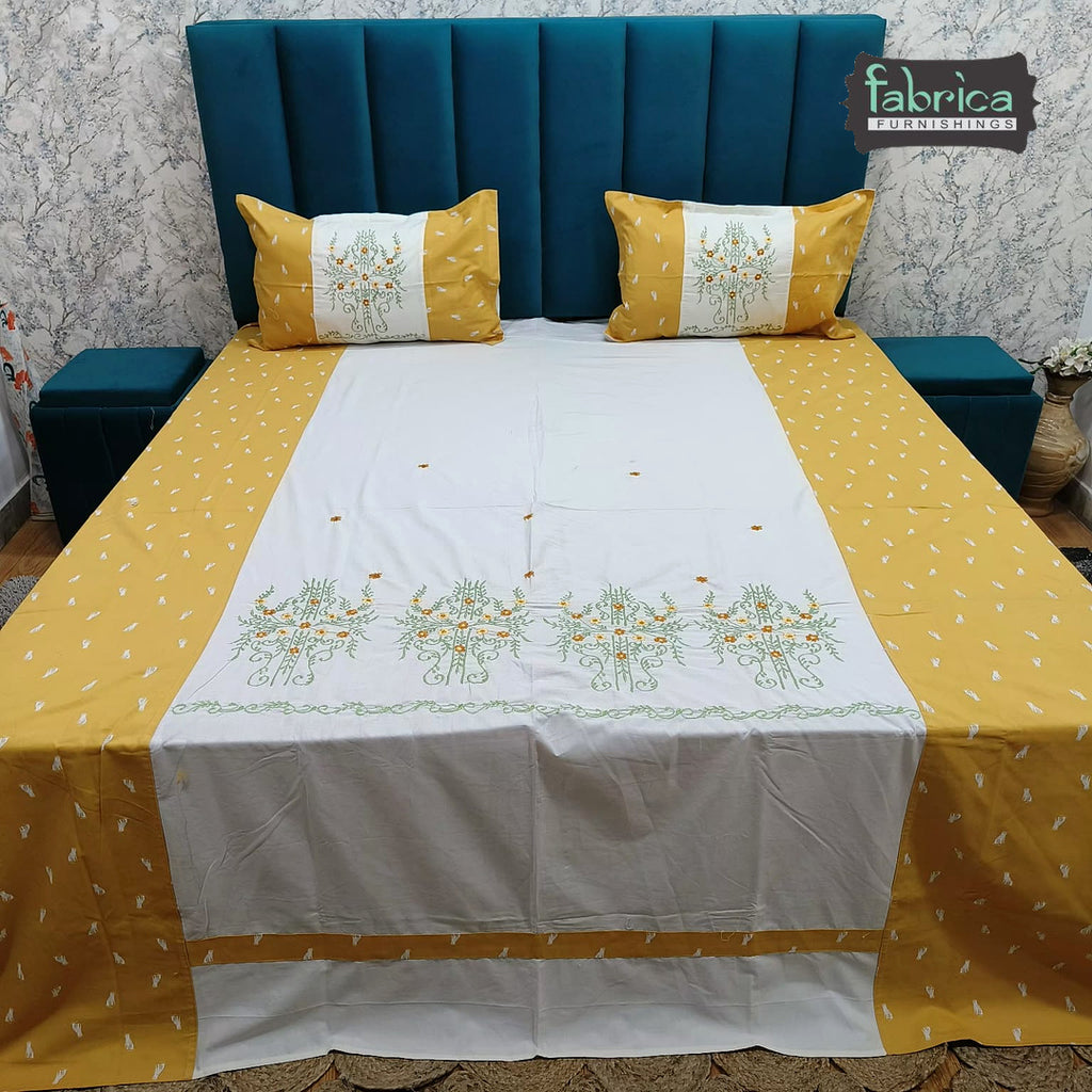 Shahi Karigari Pure Cotton Designer King-Size Mustard Yellow Floral Embroidered Bedsheet