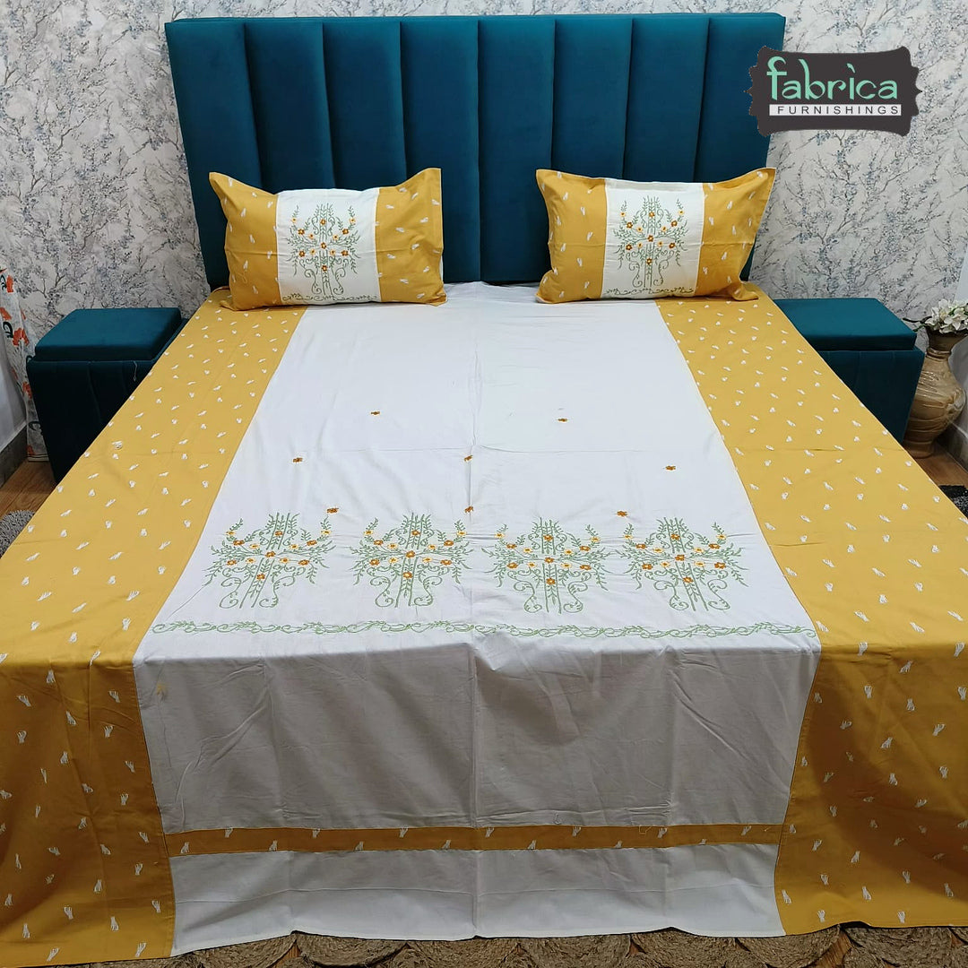 Shahi Karigari Pure Cotton Designer King-Size Mustard Yellow Floral Embroidered Bedsheet