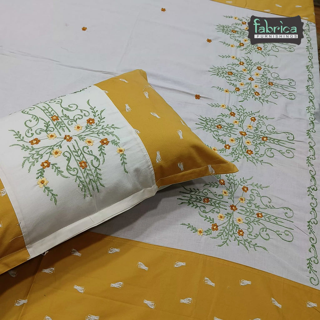 Shahi Karigari Pure Cotton Designer King-Size Mustard Yellow Floral Embroidered Bedsheet