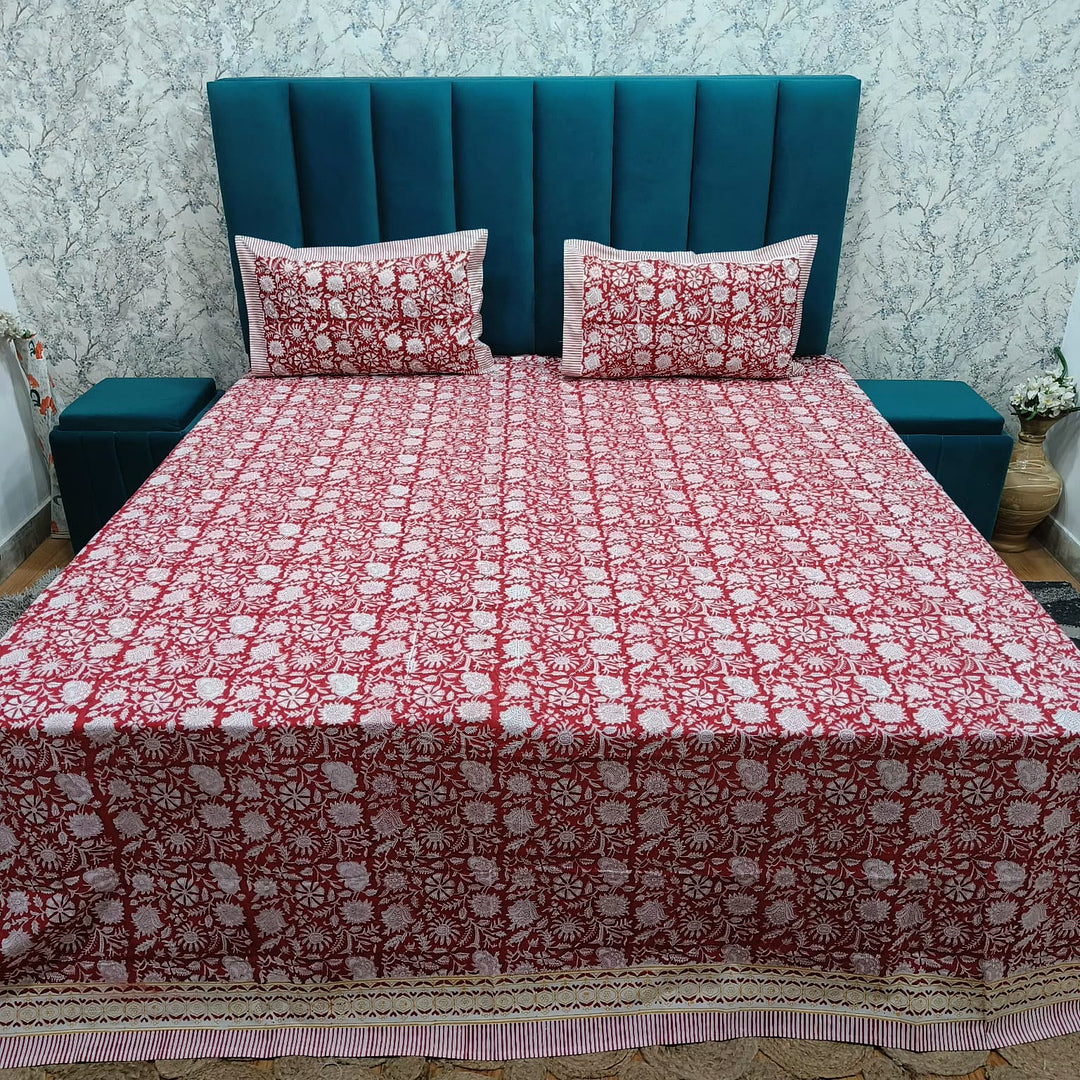 Percale Premium Maroon Floral Hand Block Printed Super King-Size Cotton Bedsheet (400TC)