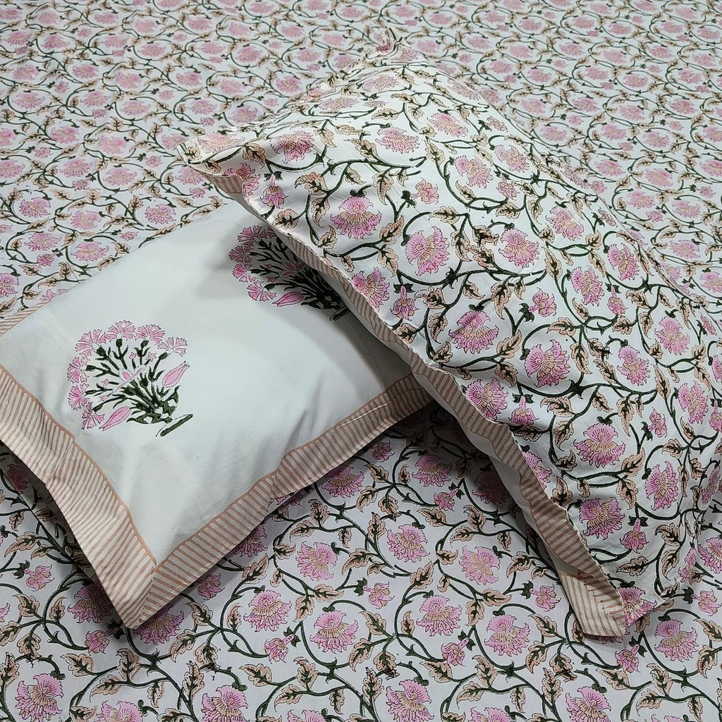 Percale Premium Pink Floral Hand Block Printed Super King-Size Cotton Bedsheet (400TC)