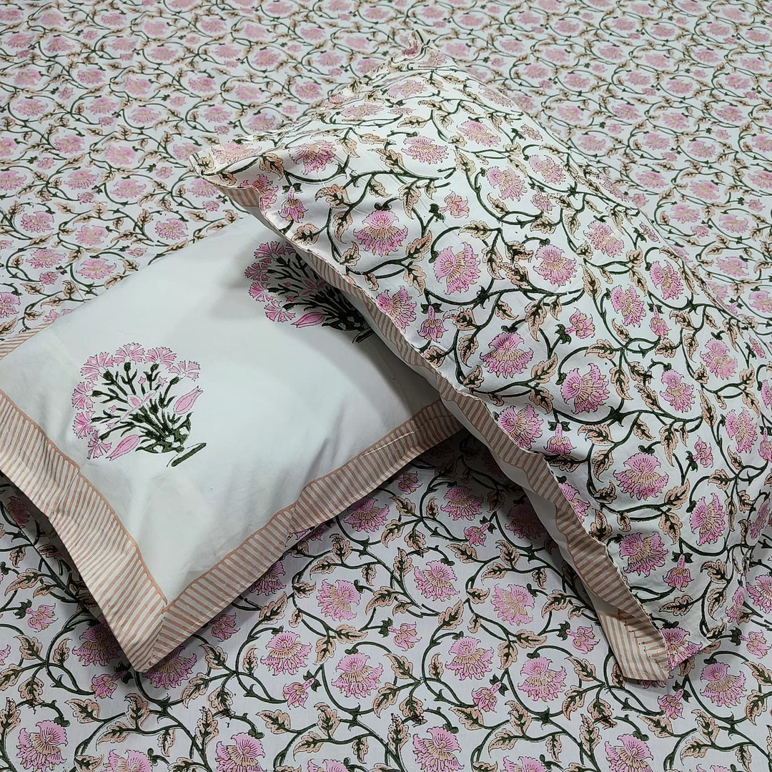 Percale Premium Pink Floral Hand Block Printed Super King-Size Cotton Bedsheet (400TC)