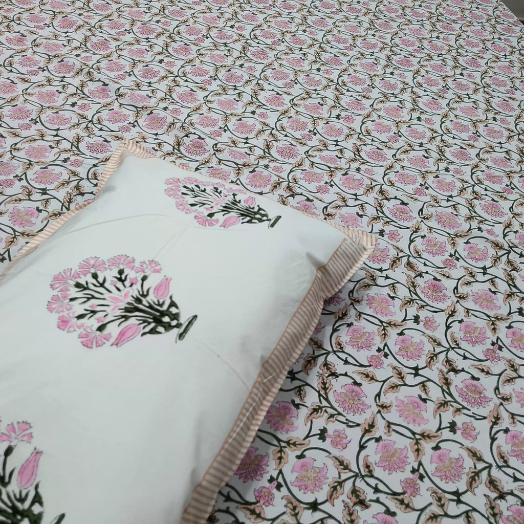 Percale Premium Pink Floral Hand Block Printed Super King-Size Cotton Bedsheet (400TC)