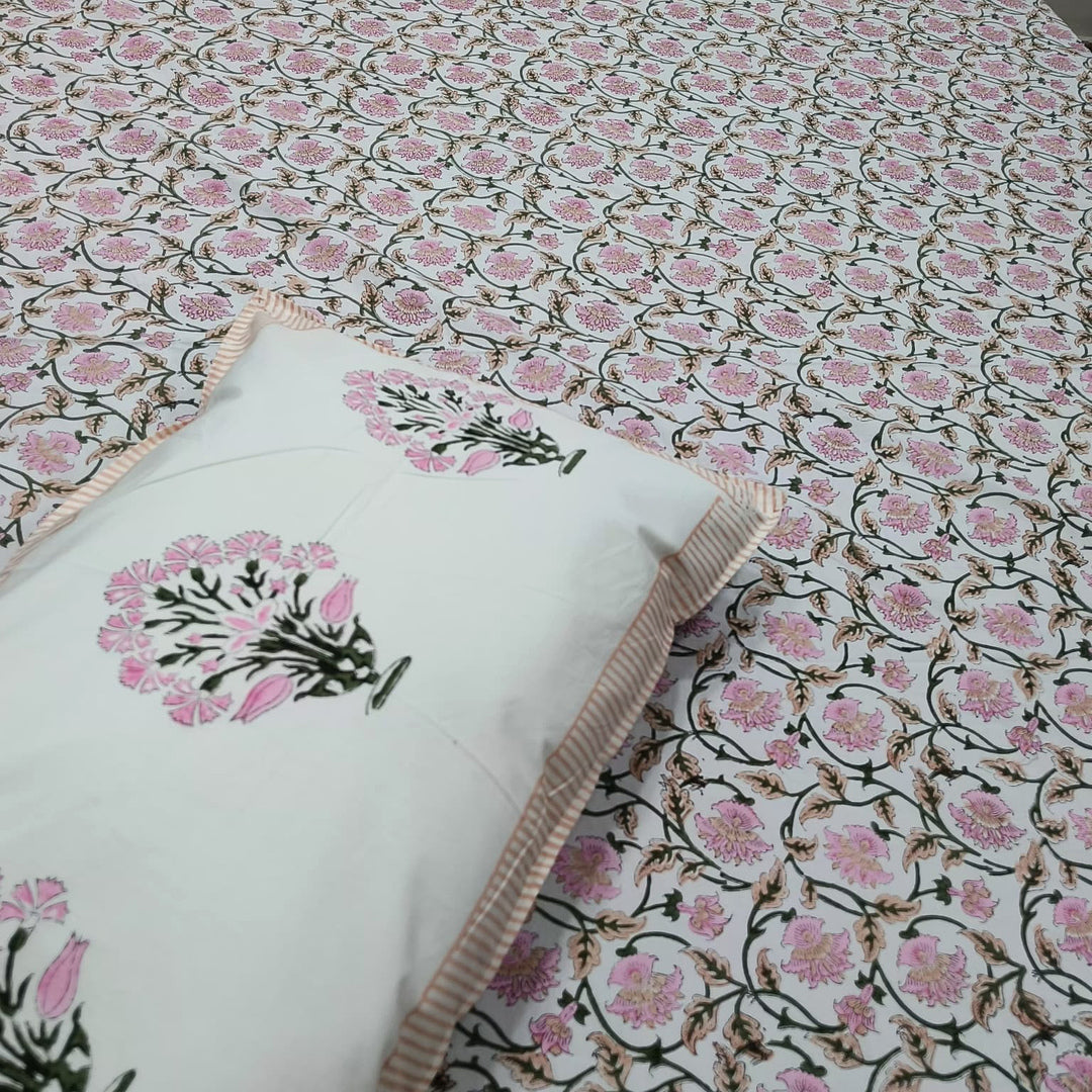 Percale Premium Pink Floral Hand Block Printed Super King-Size Cotton Bedsheet (400TC)