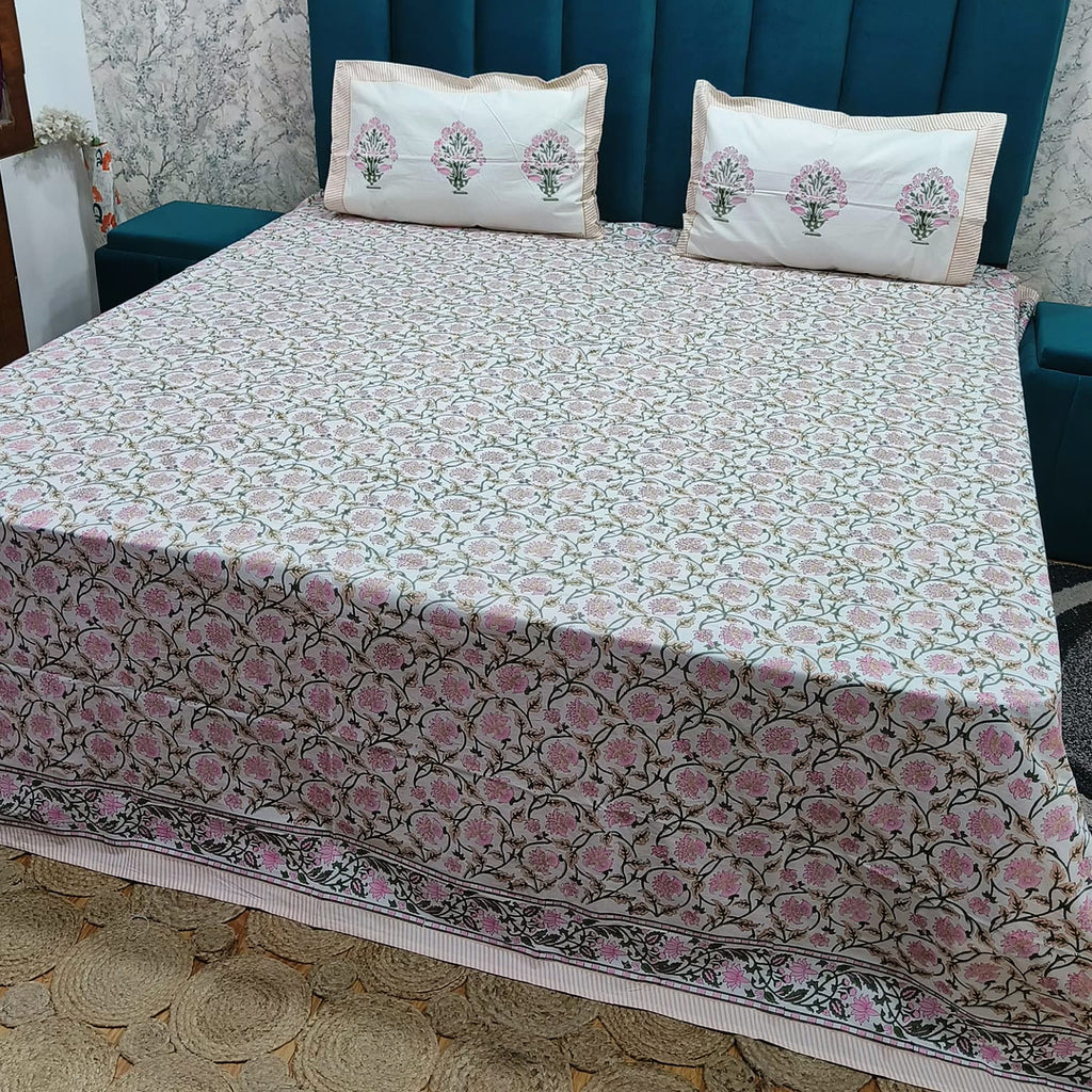 Percale Premium Pink Floral Hand Block Printed Super King-Size Cotton Bedsheet (400TC)