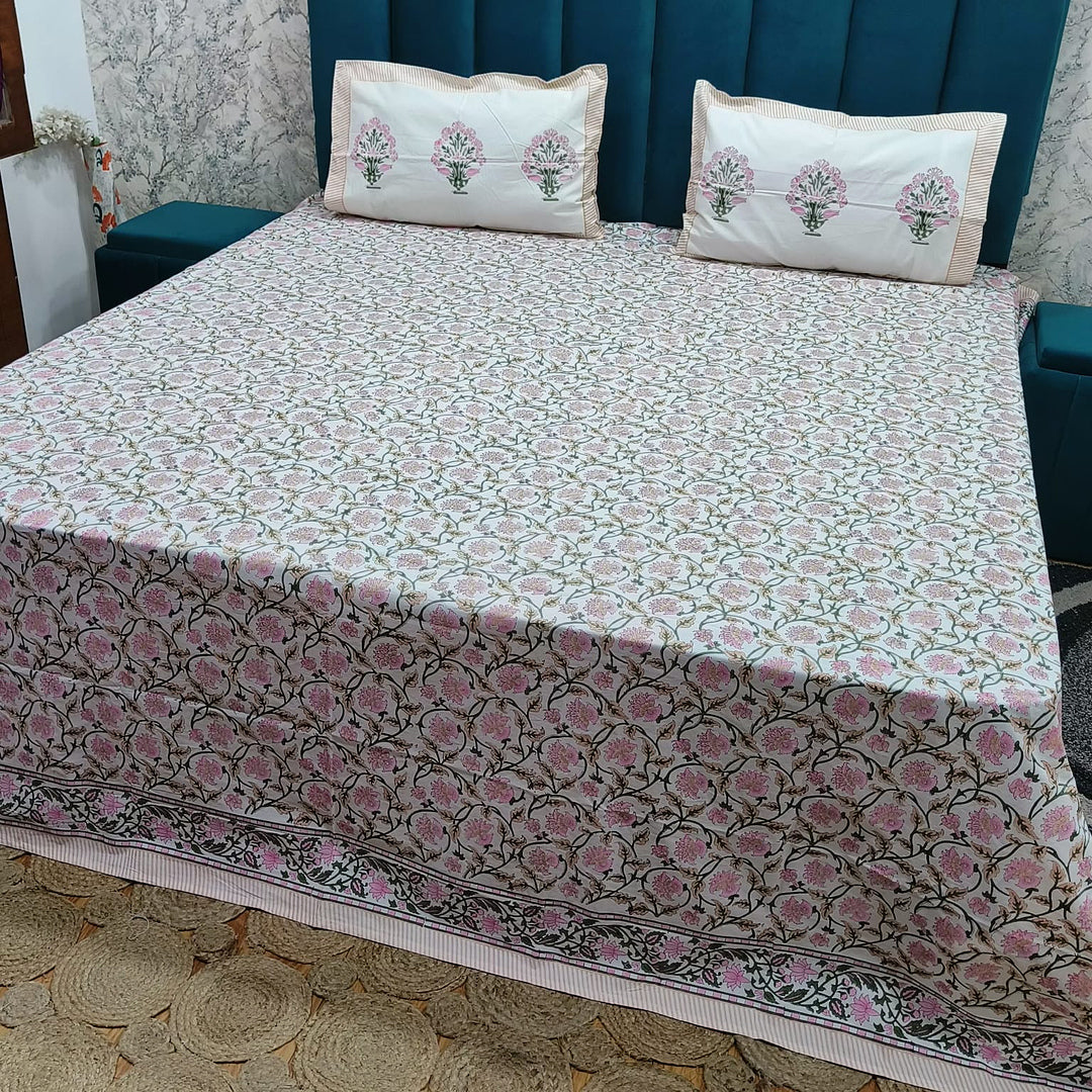 Percale Premium Pink Floral Hand Block Printed Super King-Size Cotton Bedsheet (400TC)