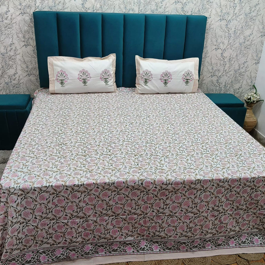 Percale Premium Pink Floral Hand Block Printed Super King-Size Cotton Bedsheet (400TC)