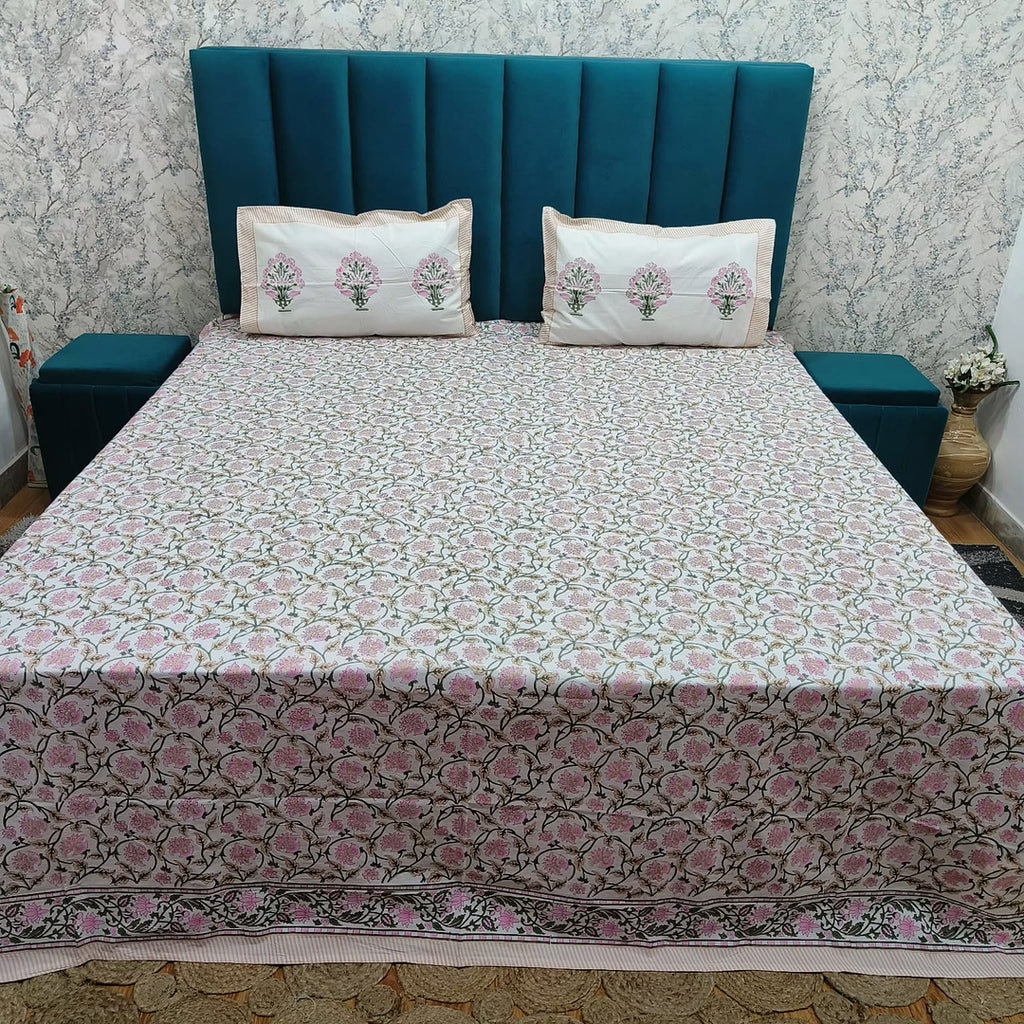 Percale Premium Pink Floral Hand Block Printed Super King-Size Cotton Bedsheet (400TC)
