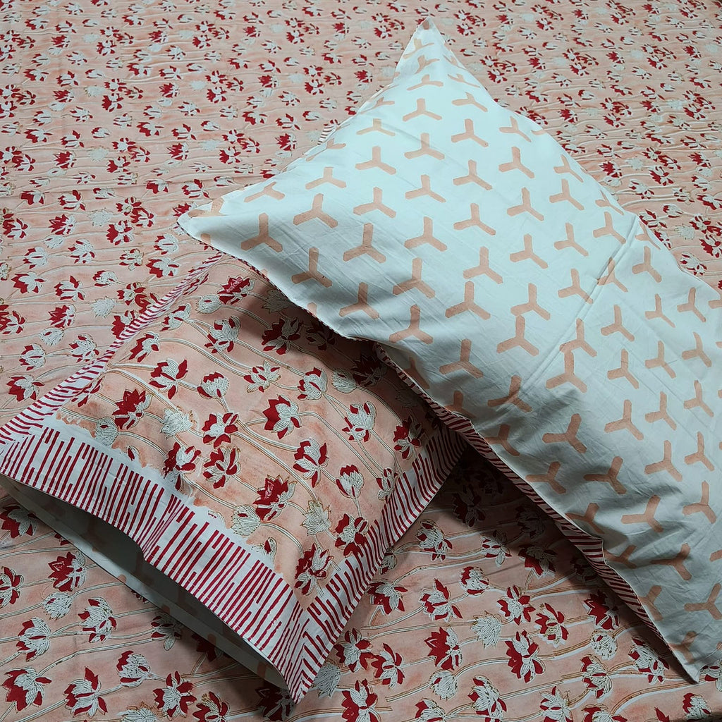 Percale Premium Peach Floral Hand Block Printed Super King-Size Cotton Bedsheet (400TC)