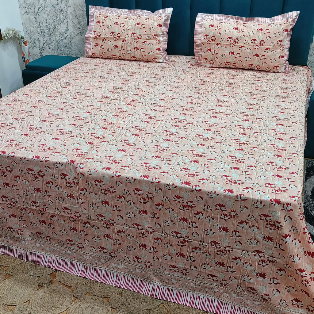 Percale Premium Peach Floral Hand Block Printed Super King-Size Cotton Bedsheet (400TC)