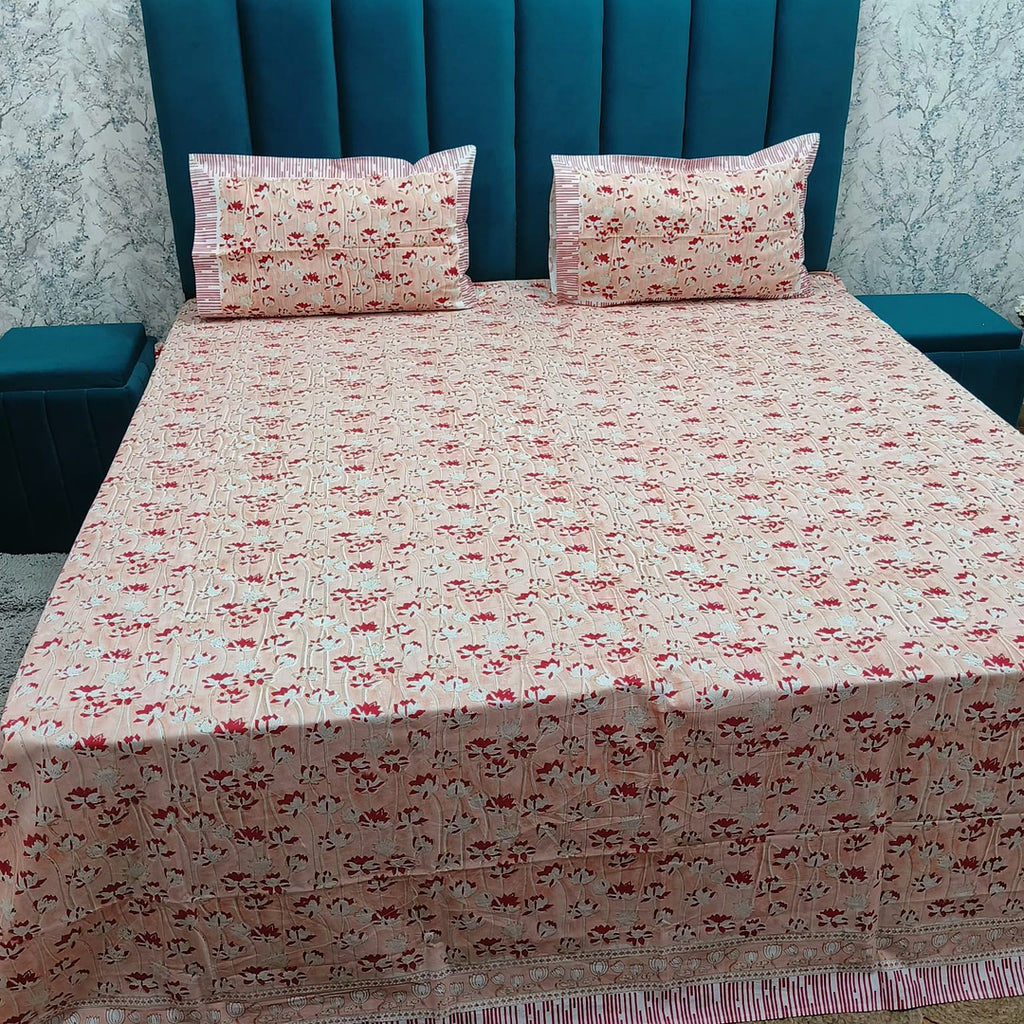 Percale Premium Peach Floral Hand Block Printed Super King-Size Cotton Bedsheet (400TC)