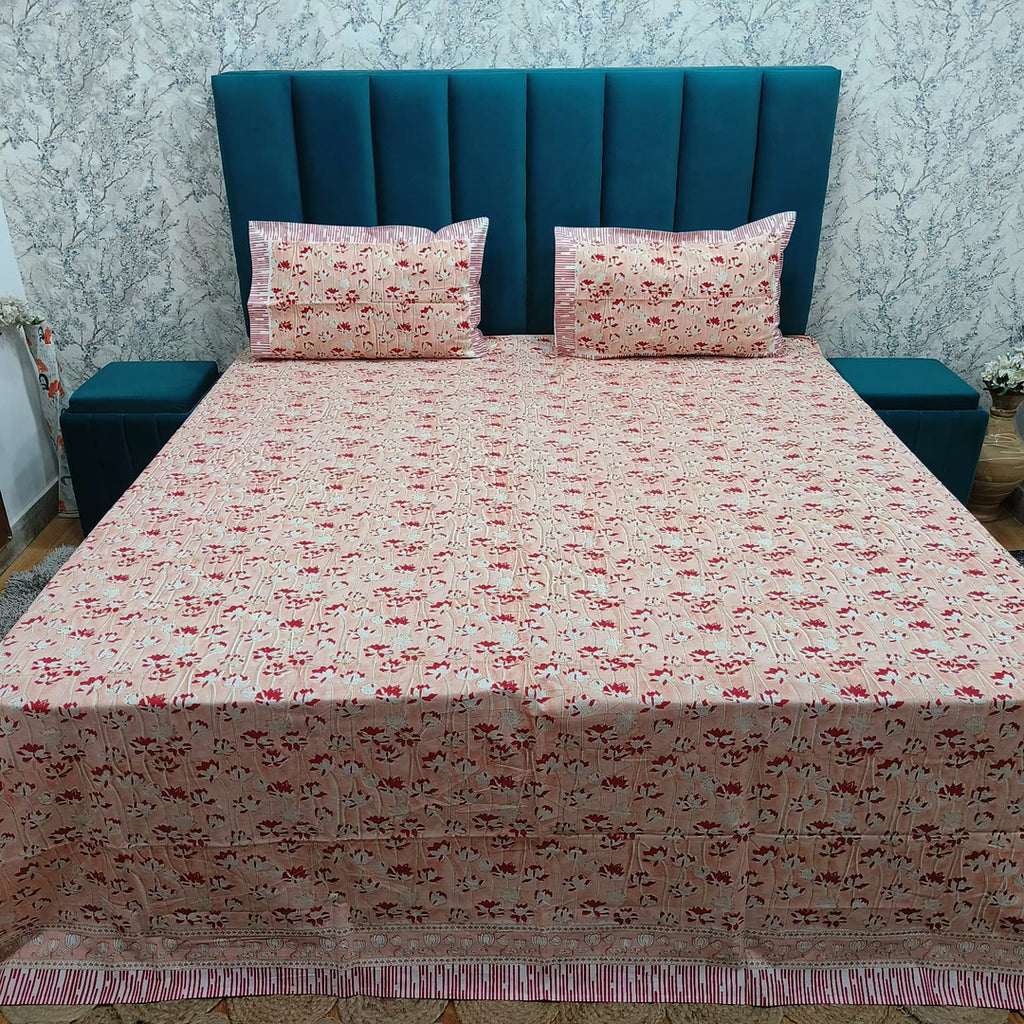 Percale Premium Peach Floral Hand Block Printed Super King-Size Cotton Bedsheet (400TC)