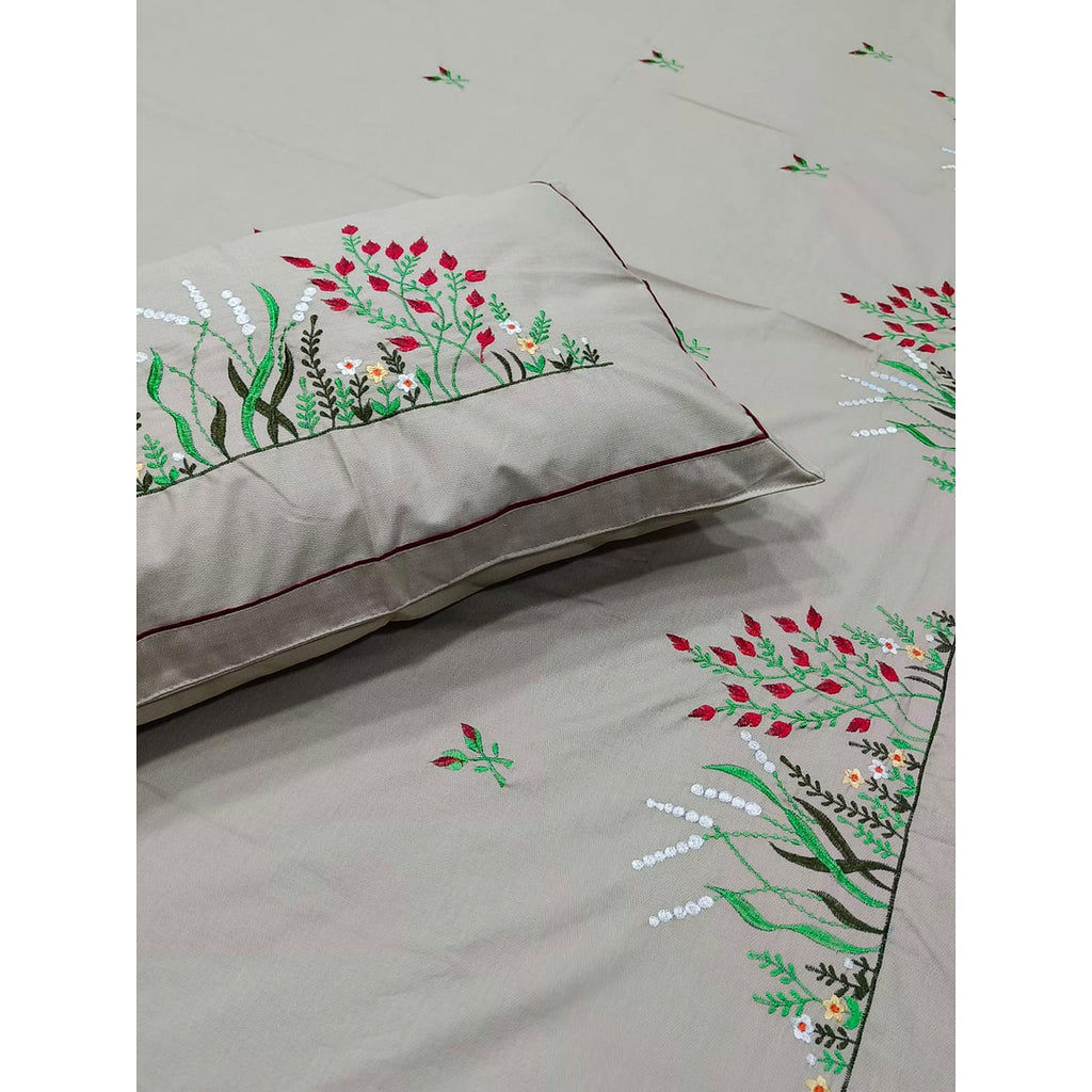 Shahi Karigari Pure Cotton Designer King-Size Beige Floral Embroidered Bedsheet