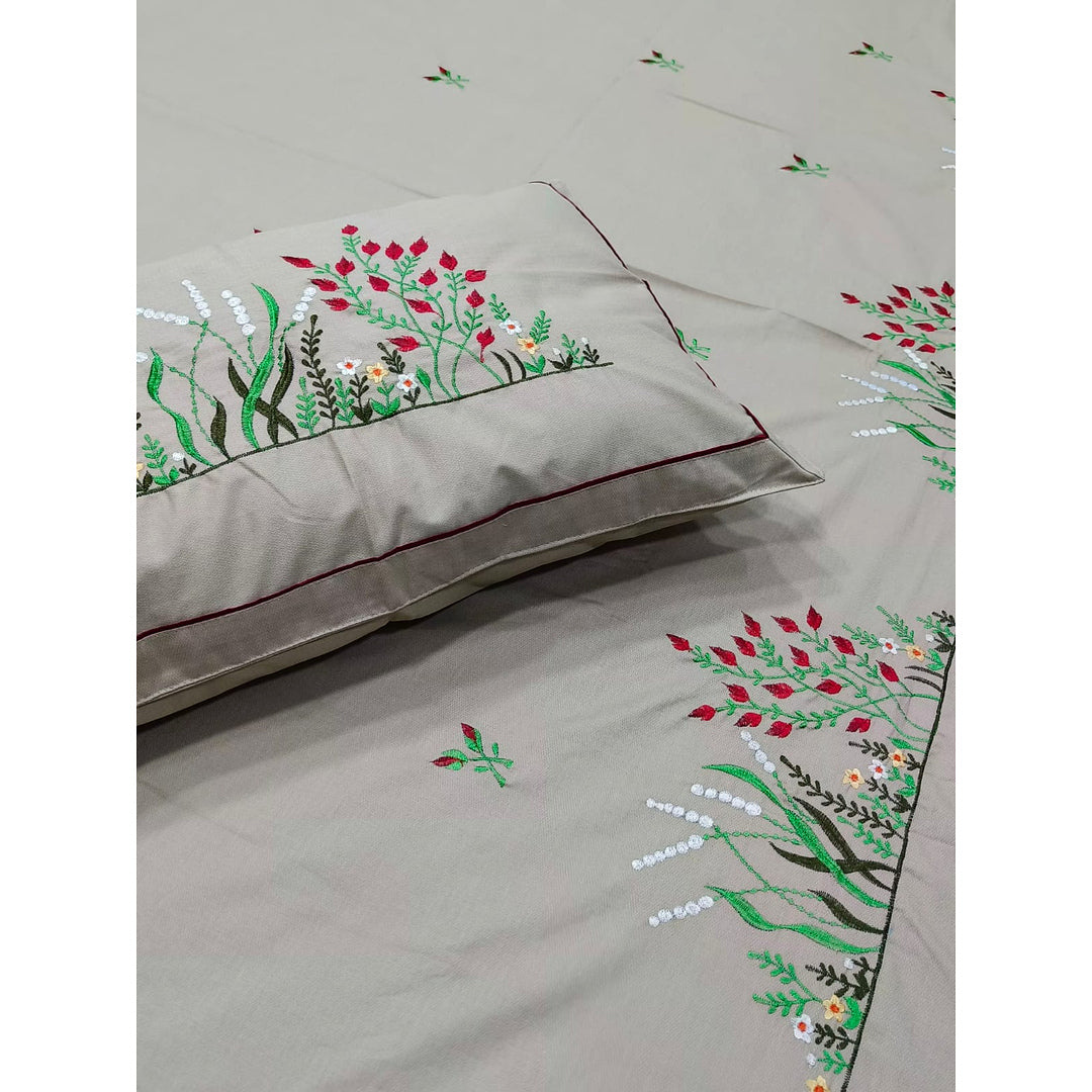 Shahi Karigari Pure Cotton Designer King-Size Beige Floral Embroidered Bedsheet