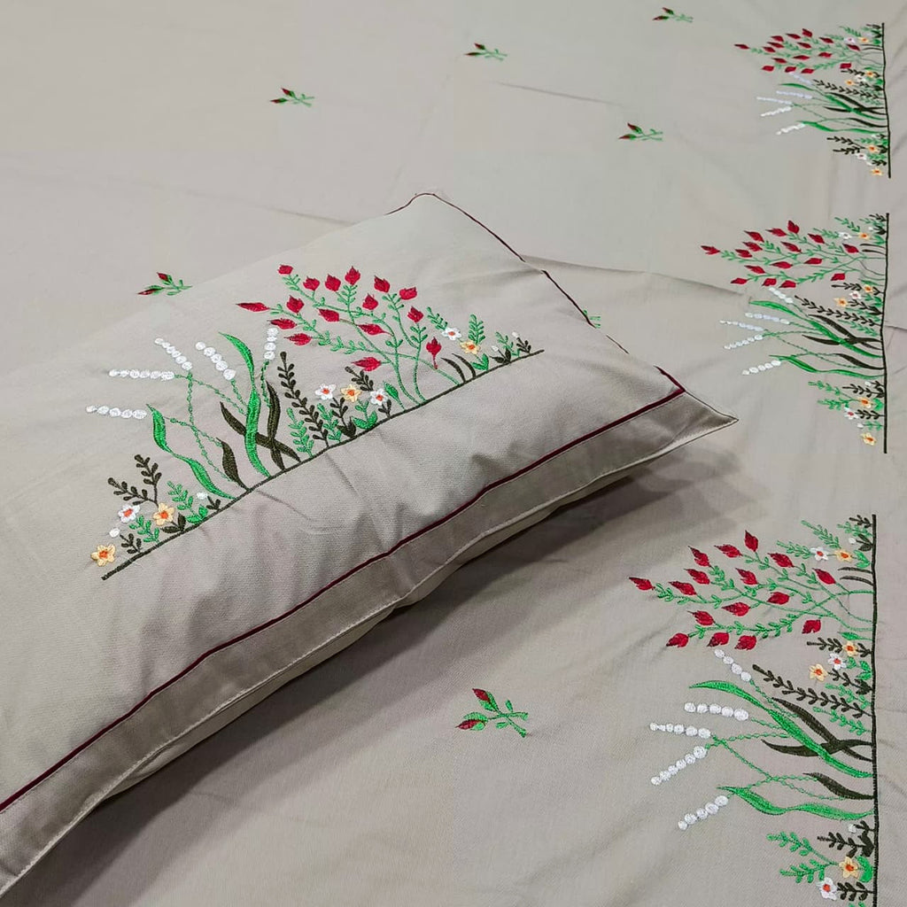 Shahi Karigari Pure Cotton Designer King-Size Beige Floral Embroidered Bedsheet