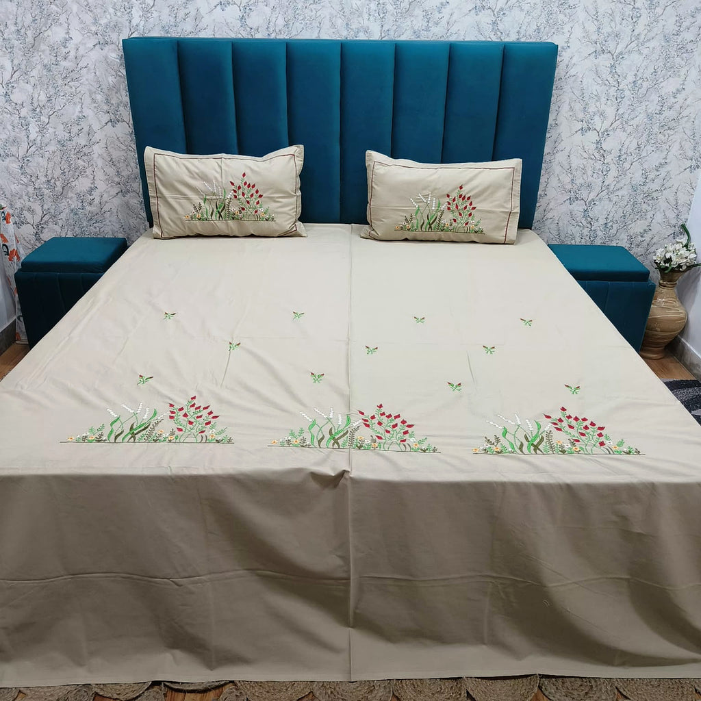Shahi Karigari Pure Cotton Designer King-Size Beige Floral Embroidered Bedsheet