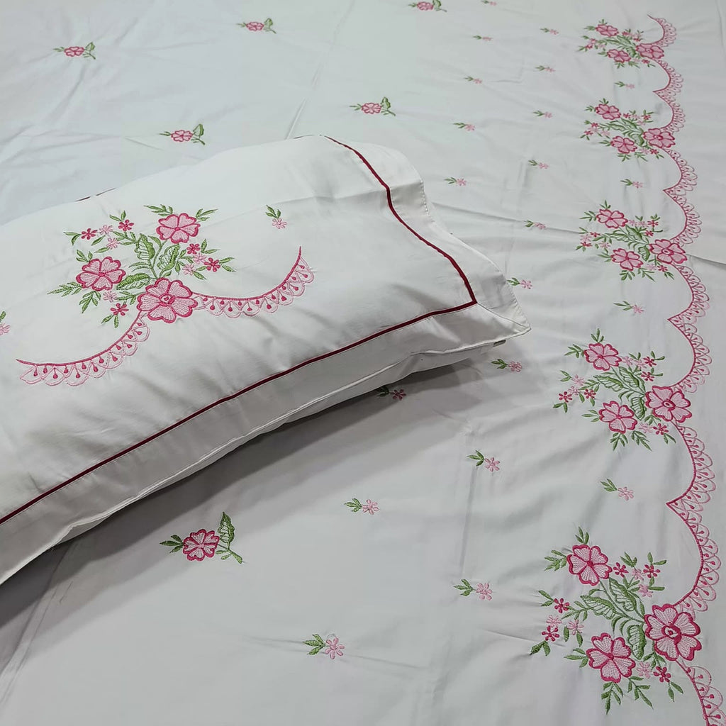 Shahi Karigari Pure Cotton Designer King-Size White Floral Embroidered Bedsheet
