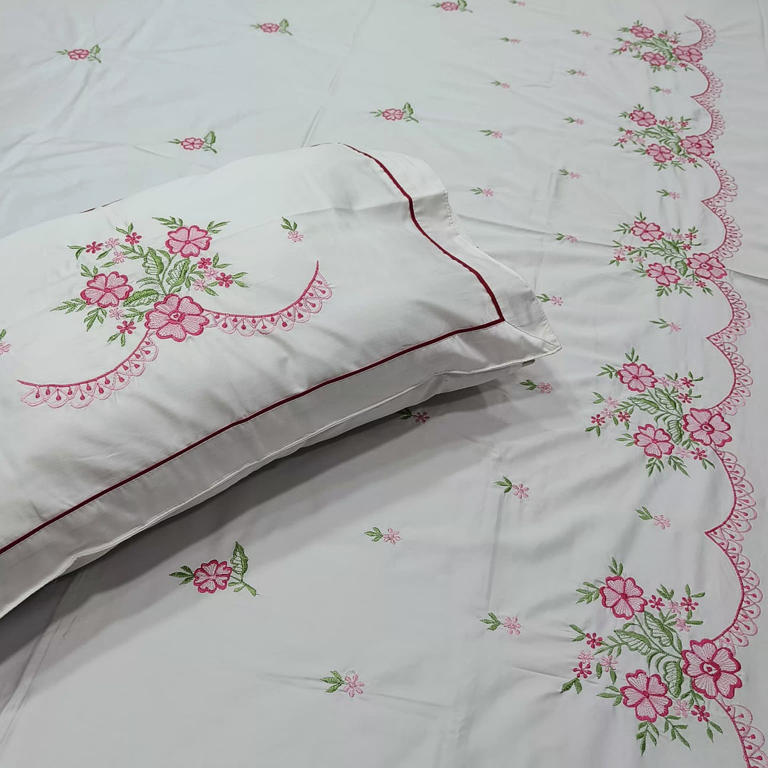 Shahi Karigari Pure Cotton Designer King-Size White Floral Embroidered Bedsheet