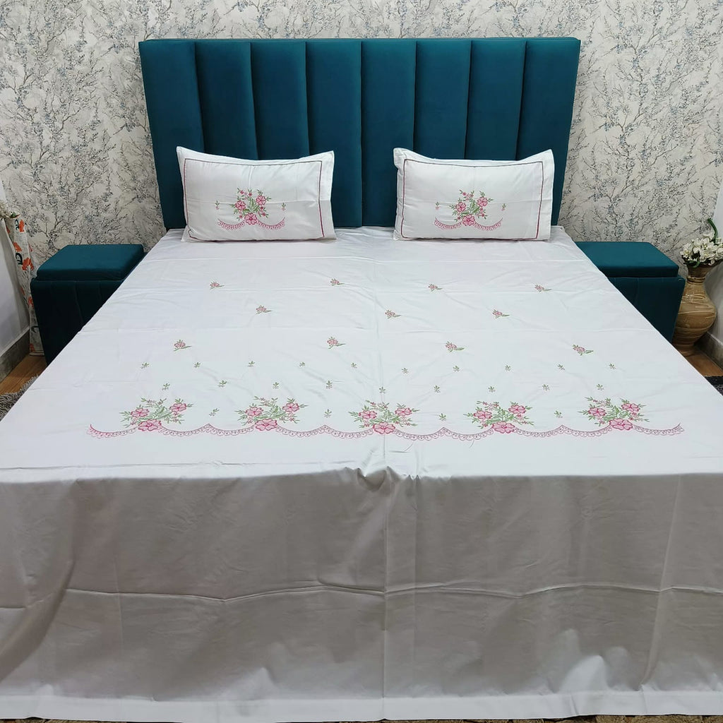 Shahi Karigari Pure Cotton Designer King-Size White Floral Embroidered Bedsheet