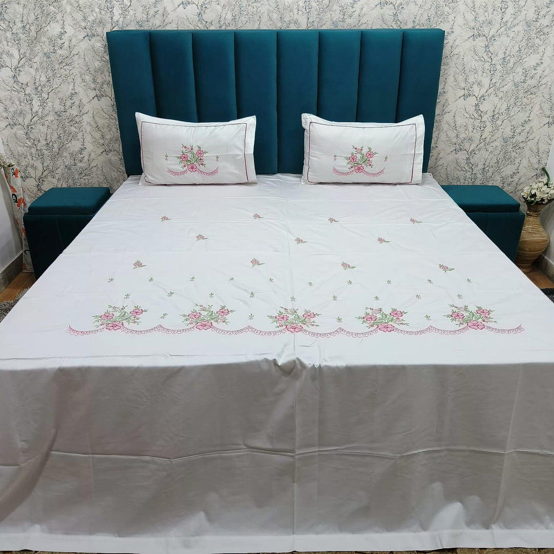 Shahi Karigari Pure Cotton Designer King-Size White Floral Embroidered Bedsheet