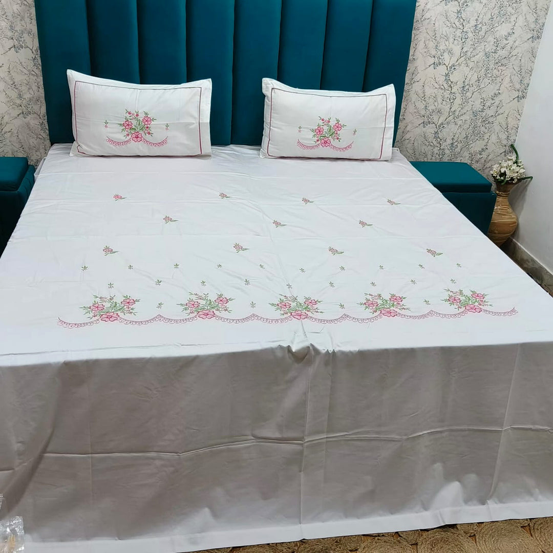 Shahi Karigari Pure Cotton Designer King-Size White Floral Embroidered Bedsheet