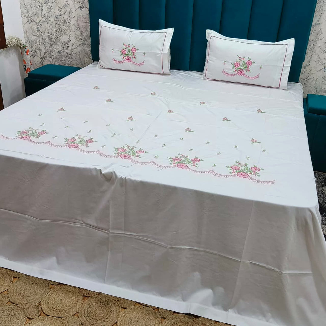 Shahi Karigari Pure Cotton Designer King-Size White Floral Embroidered Bedsheet
