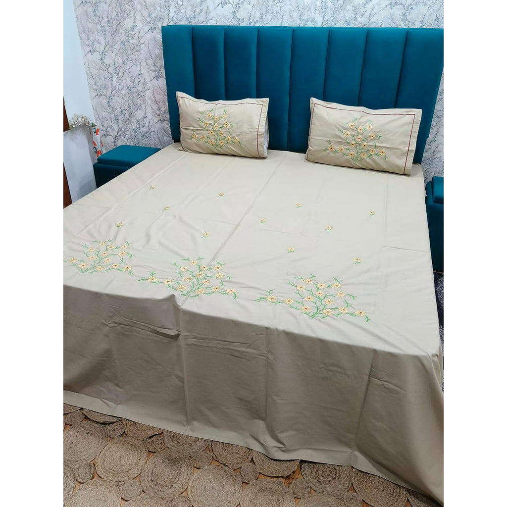 Shahi Karigari Pure Cotton Designer King-Size Beige Floral Embroidered Bedsheet