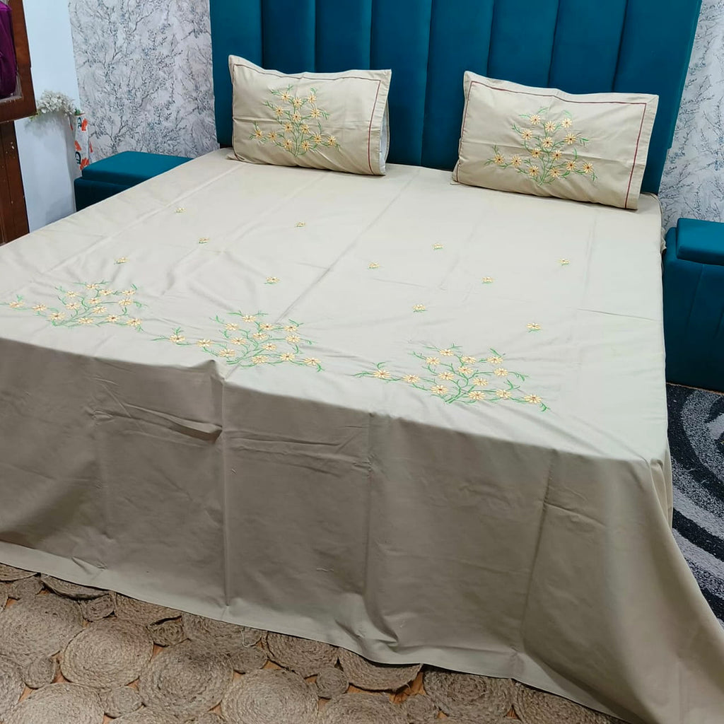 Shahi Karigari Pure Cotton Designer King-Size Beige Floral Embroidered Bedsheet