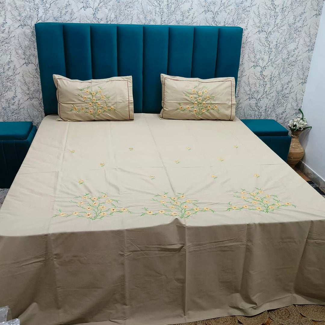 Shahi Karigari Pure Cotton Designer King-Size Beige Floral Embroidered Bedsheet
