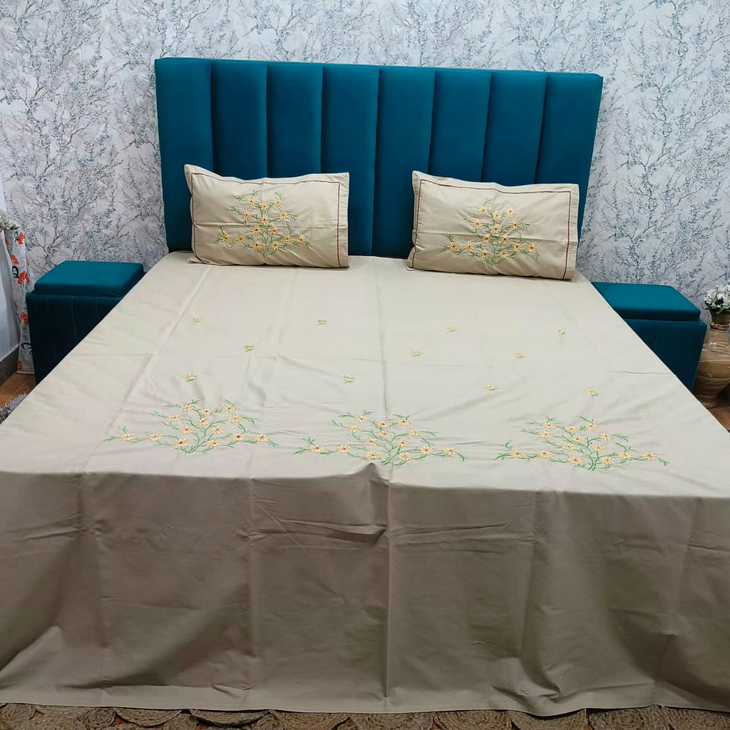 Shahi Karigari Pure Cotton Designer King-Size Beige Floral Embroidered Bedsheet