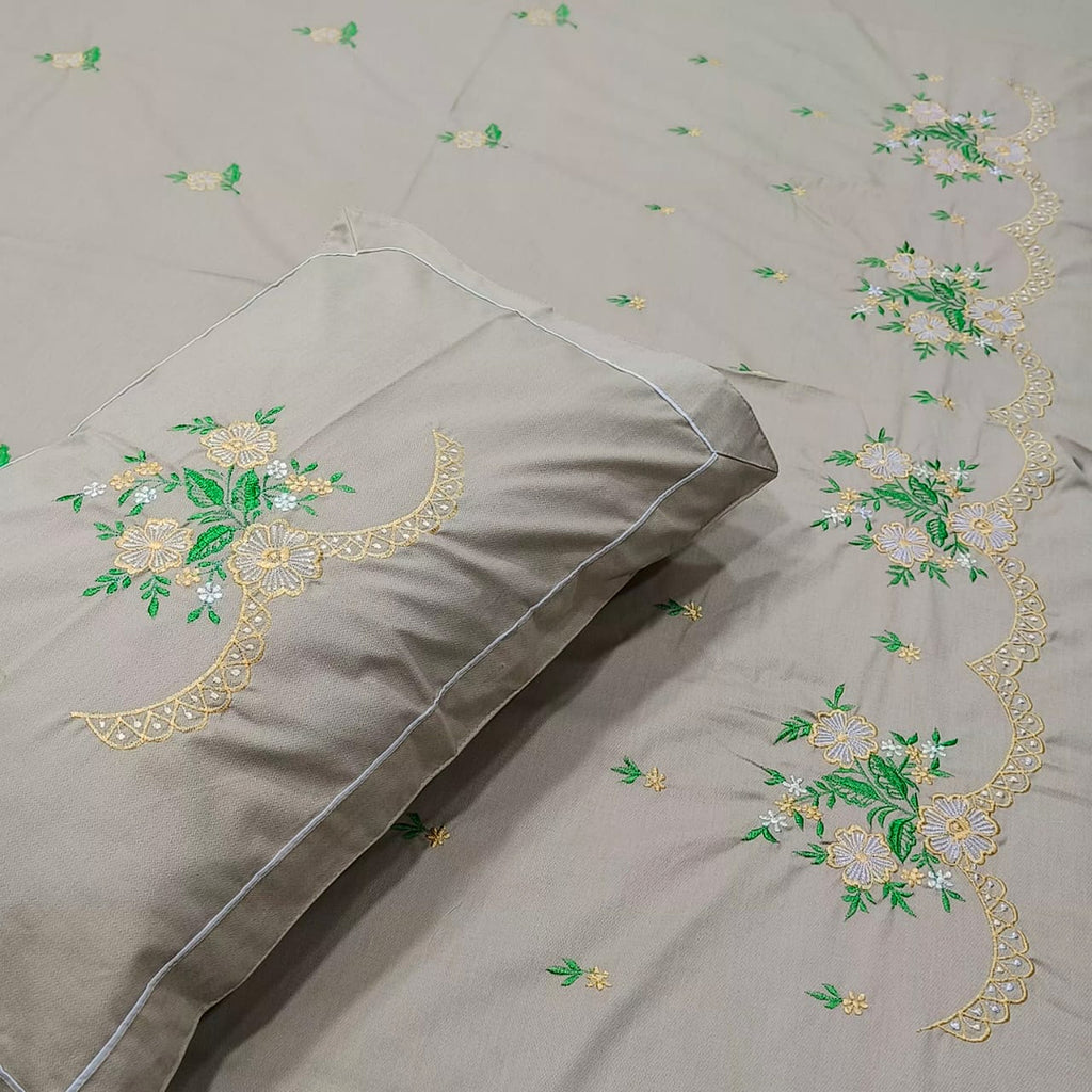 Shahi Karigari Pure Cotton Designer King-Size Beige & Green Floral Embroidered Bedsheet