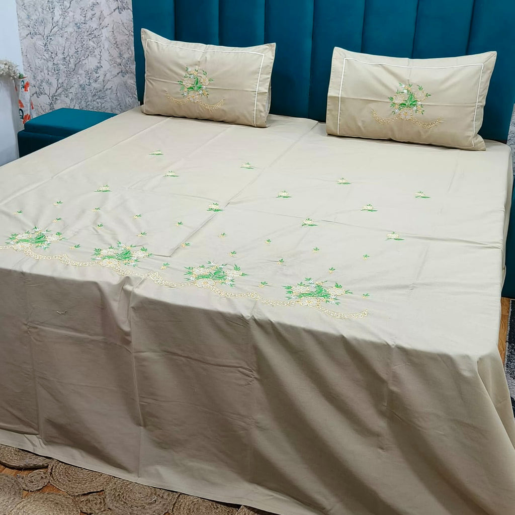 Shahi Karigari Pure Cotton Designer King-Size Beige & Green Floral Embroidered Bedsheet