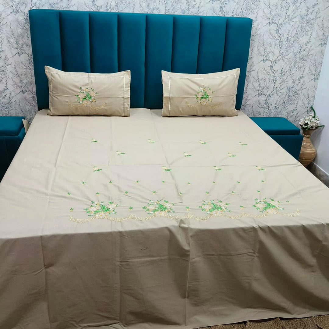 Shahi Karigari Pure Cotton Designer King-Size Beige & Green Floral Embroidered Bedsheet