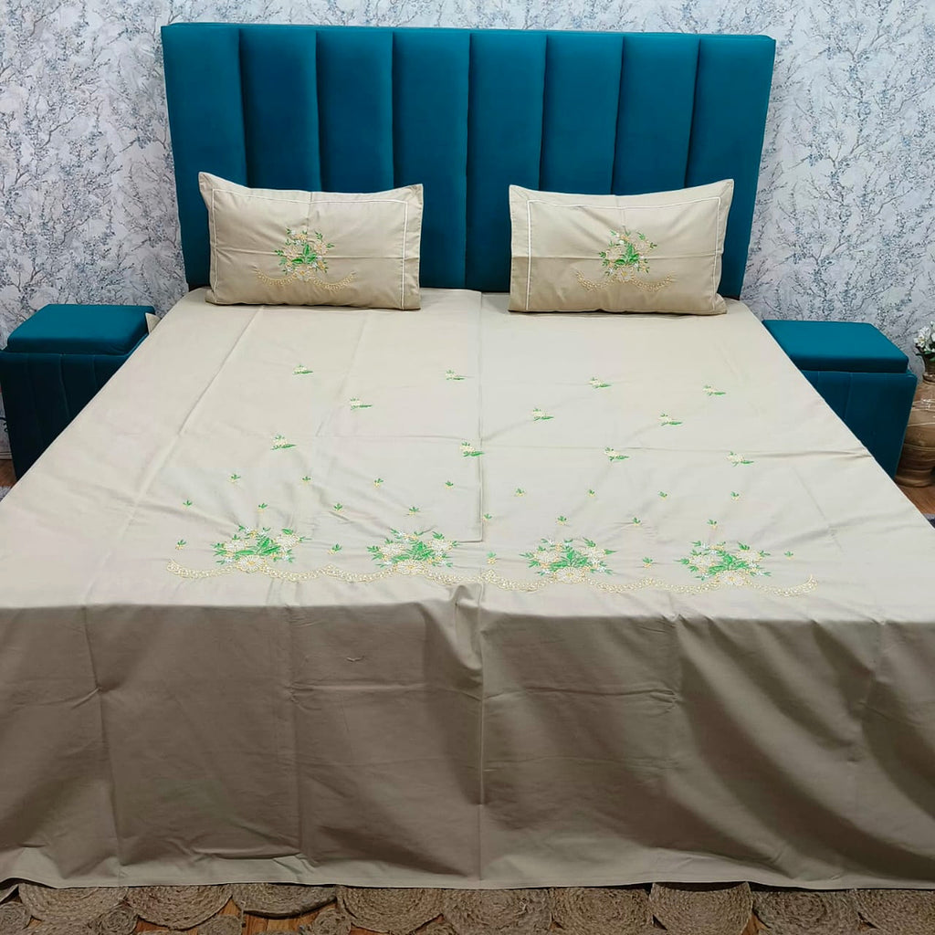 Shahi Karigari Pure Cotton Designer King-Size Beige & Green Floral Embroidered Bedsheet