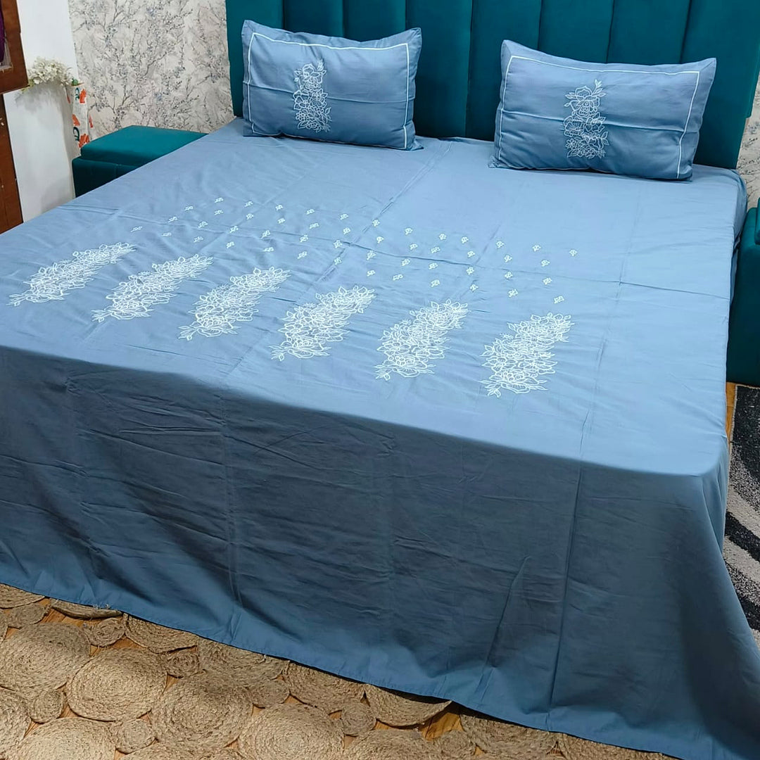 Shahi Karigari Premium Pure Cotton Designer King-Size Beige Multicolor Floral Embroidered Bedsheet