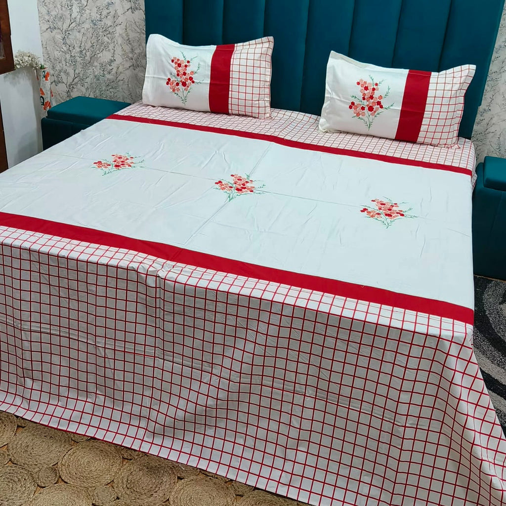 Shahi Karigari Premium Pure Cotton Designer King-Size White & Red Floral Embroidered Bedsheet