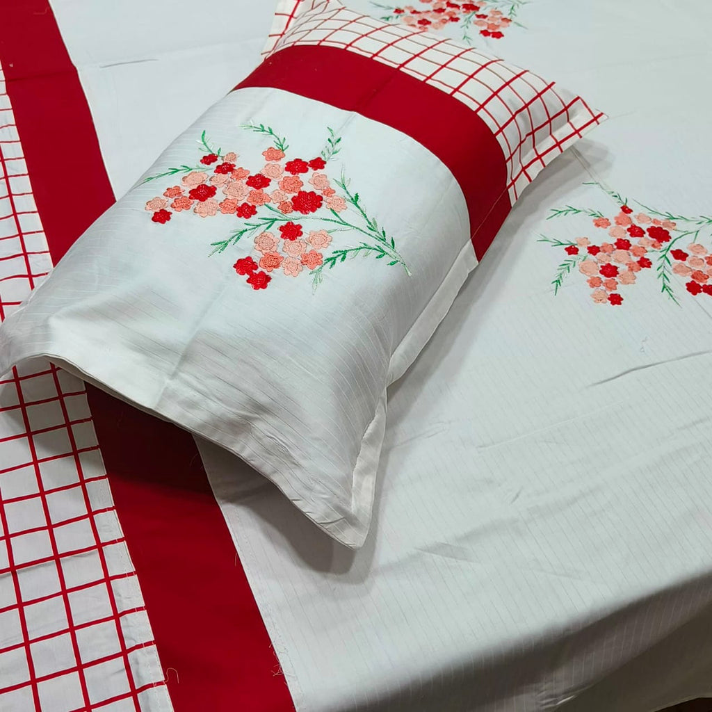 Shahi Karigari Premium Pure Cotton Designer King-Size White & Red Floral Embroidered Bedsheet