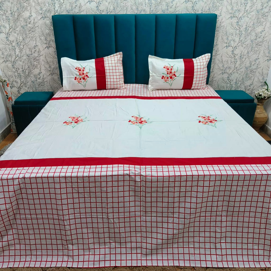 Shahi Karigari Premium Pure Cotton Designer King-Size White & Red Floral Embroidered Bedsheet
