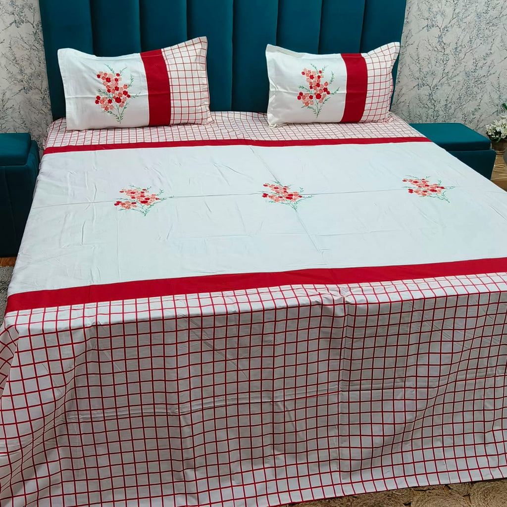Shahi Karigari Premium Pure Cotton Designer King-Size White & Red Floral Embroidered Bedsheet