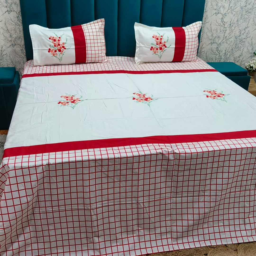 Shahi Karigari Premium Pure Cotton Designer King-Size White & Red Floral Embroidered Bedsheet