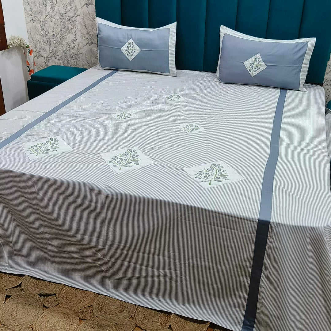 Shahi Karigari Premium Pure Cotton Designer King-Size Grey & White Floral Embroidered Bedsheet