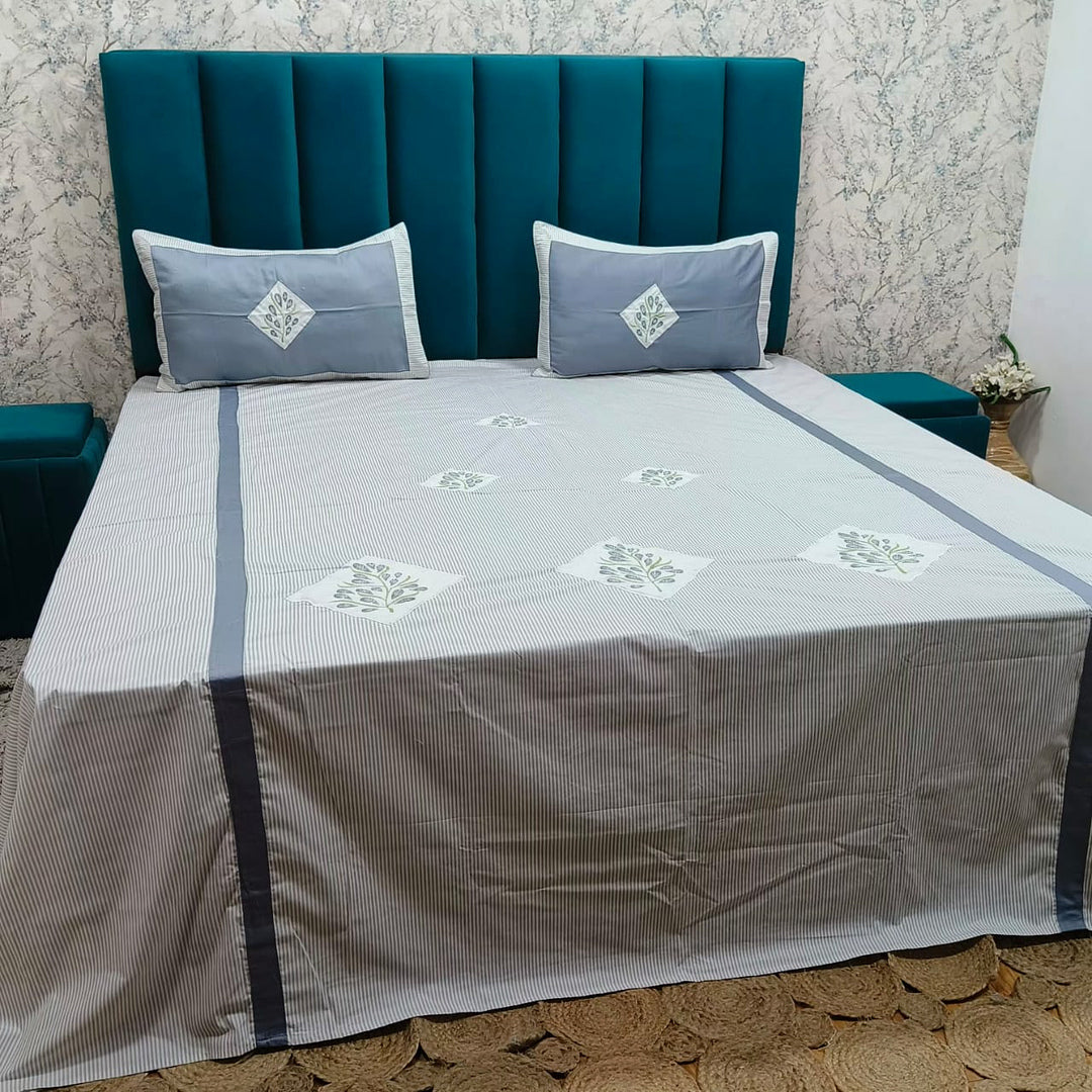 Shahi Karigari Premium Pure Cotton Designer King-Size Grey & White Floral Embroidered Bedsheet