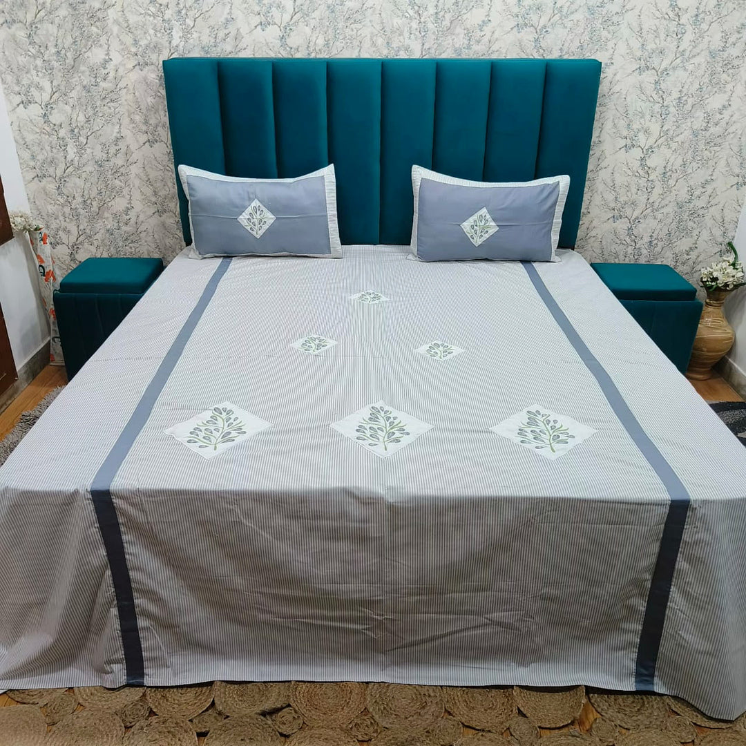 Shahi Karigari Premium Pure Cotton Designer King-Size Grey & White Floral Embroidered Bedsheet
